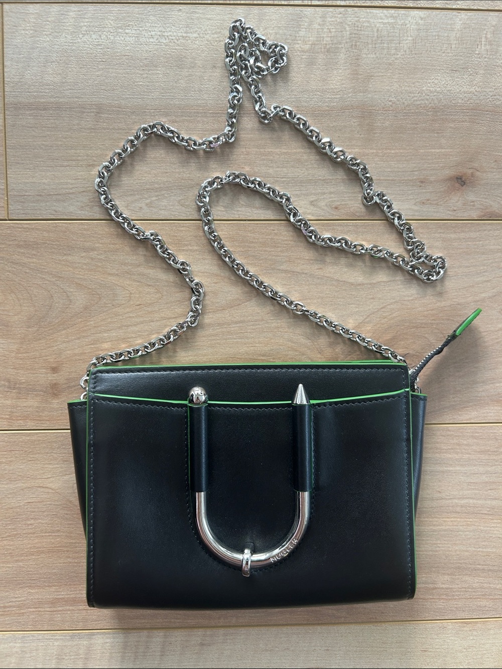 Mugler Black Crossbody with Neon Green Piping and Silver Chain